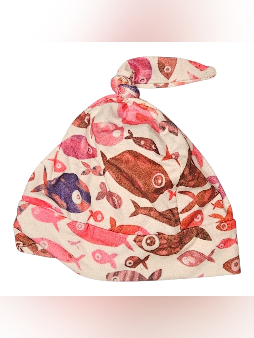 Whimsical Fish Print Knot-Top Baby Hat